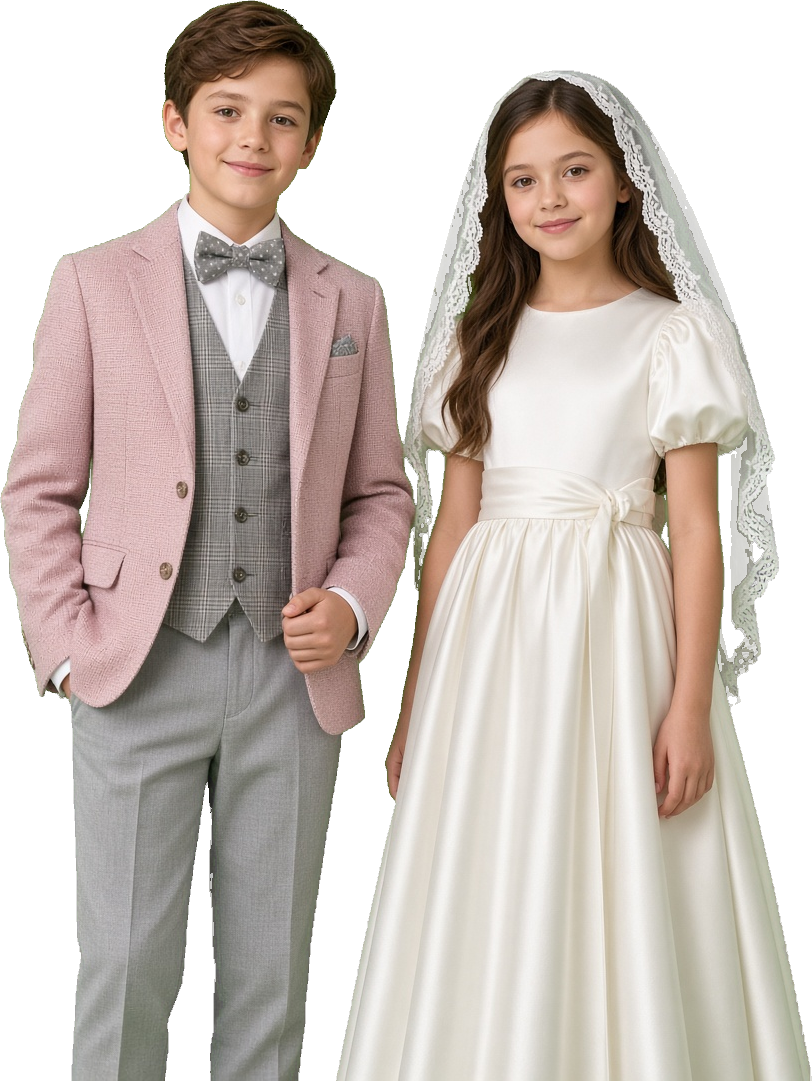 A boy and a girl in Holy Communion wear, side by side, fitted at Dapper