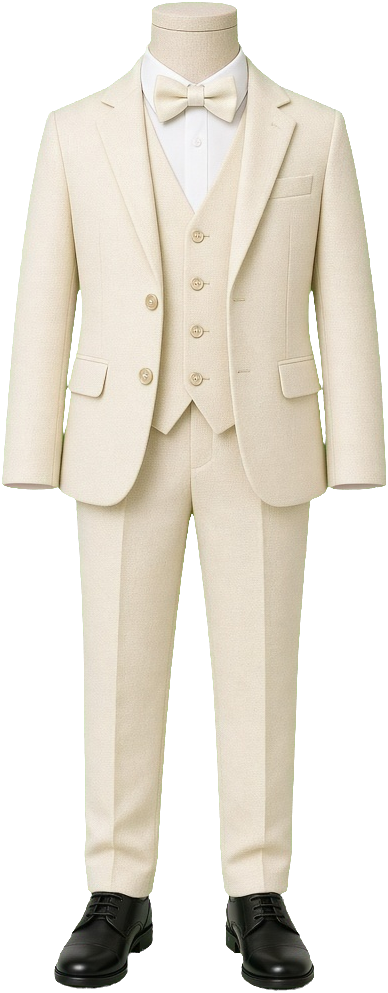 An ivory three-piece wedding suit with a bow tie, on display at Dapper