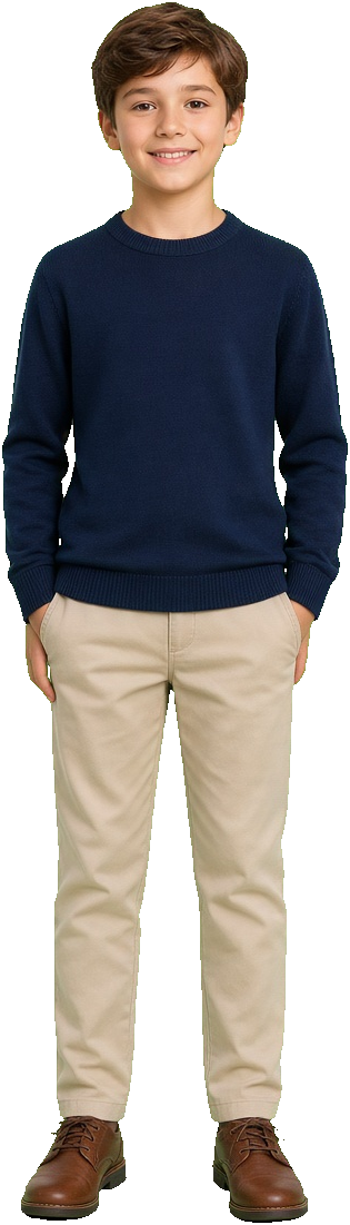 A boy in a navy knit and chinos, smart casual at Dapper