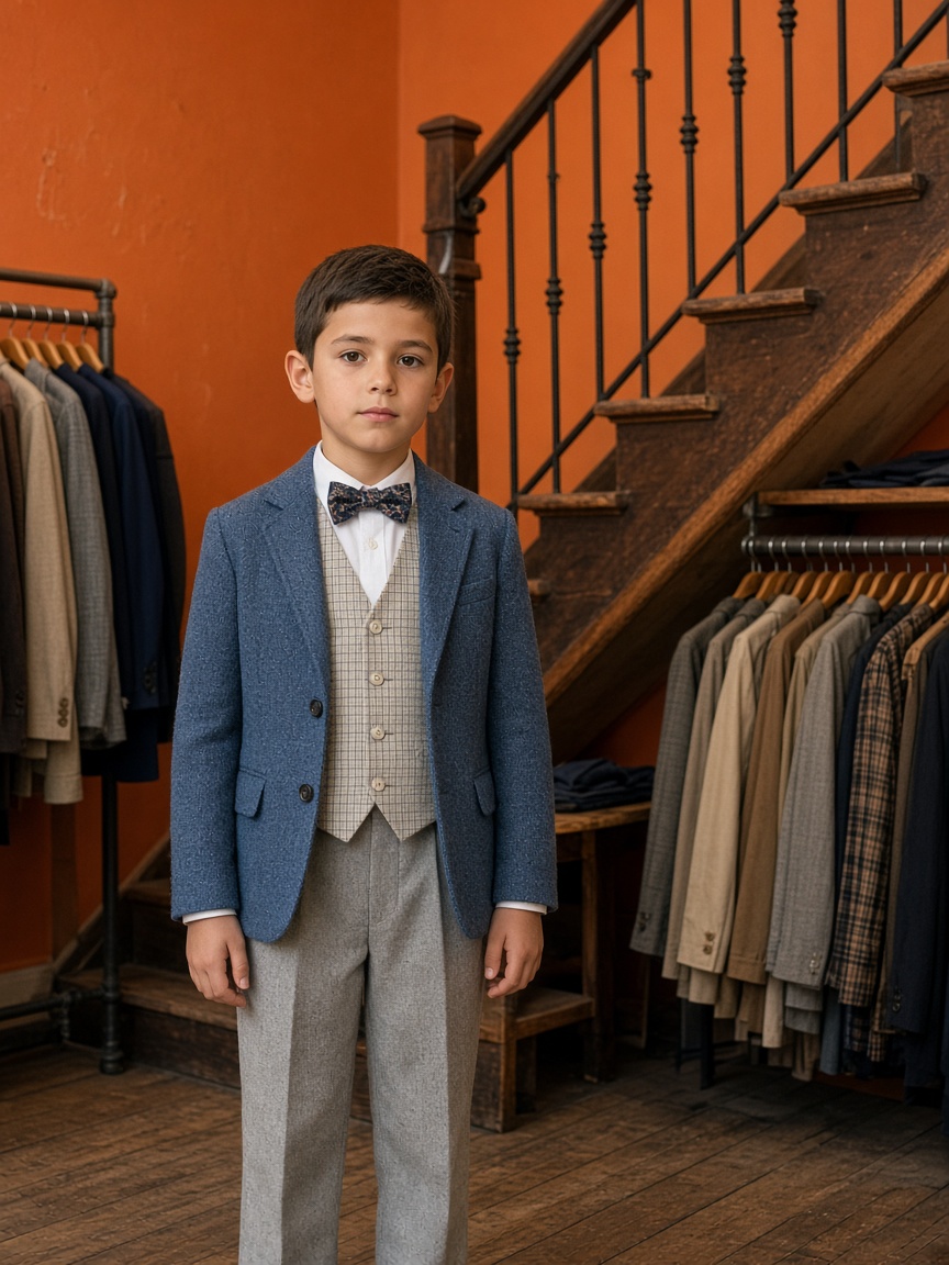 A boy in a blue Holy Communion suit and waistcoat
