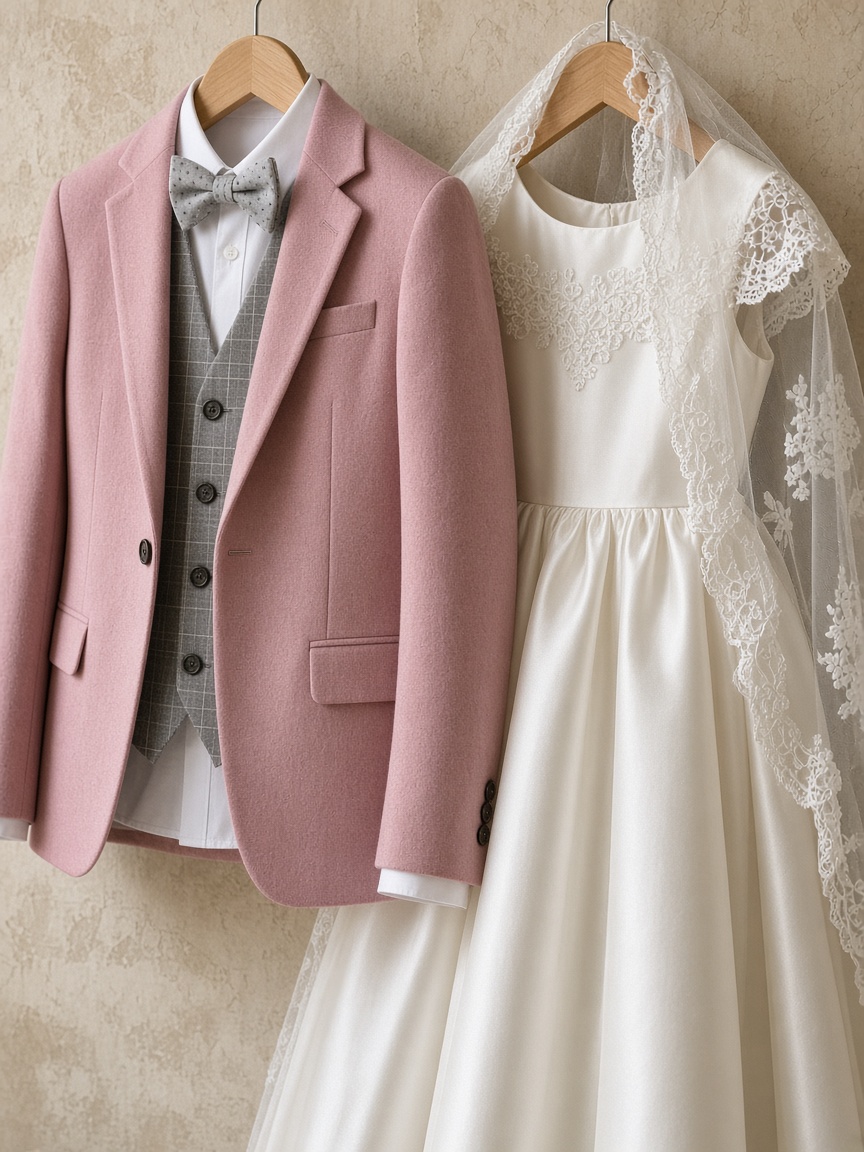 A boy’s communion blazer and a girl’s ivory dress, hanging together at Dapper