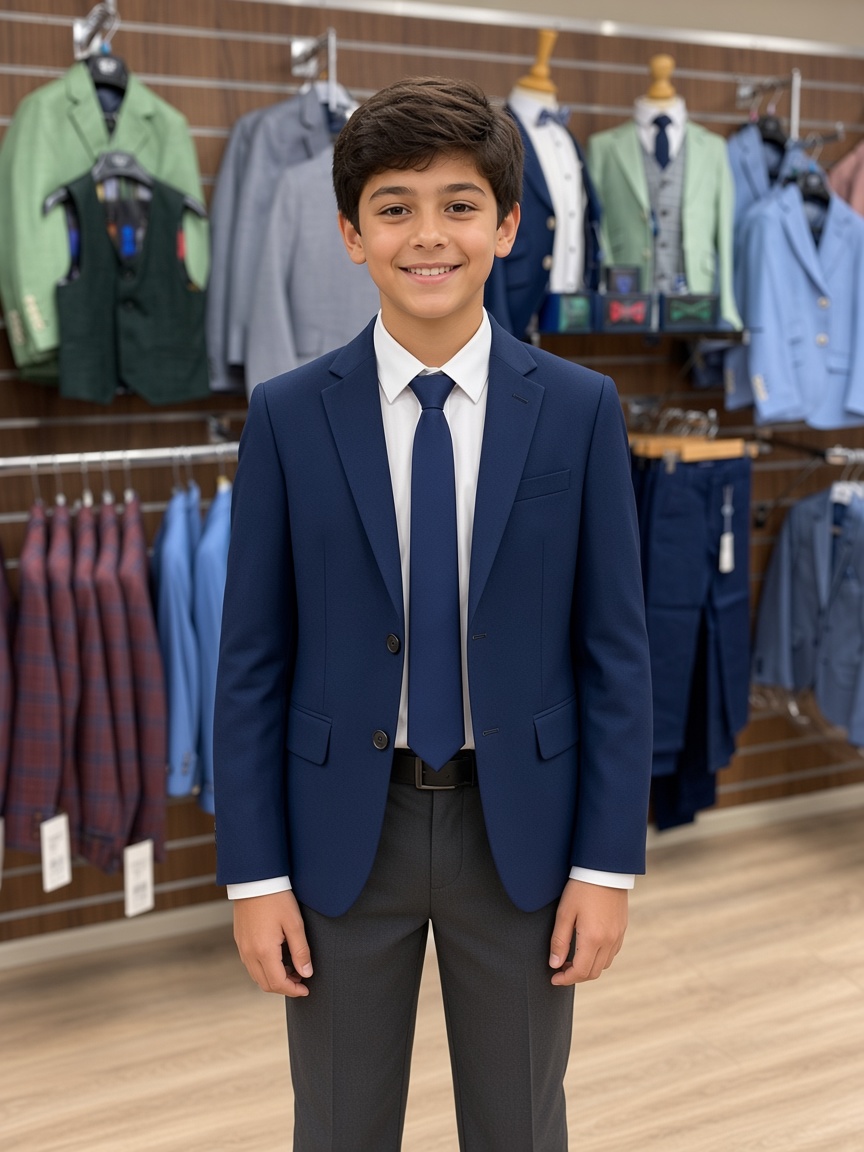 A boy in a navy Confirmation blazer, in the shop at Dapper